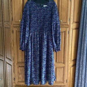 MELLODAY Navy Floral Smocked Long Sleeve Fit and Flare Midi Dress